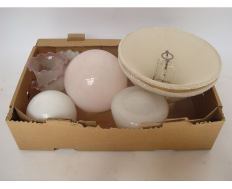 Six glass light shades including a pair of Victorian style frosted examples and a pair of lamp shades. 