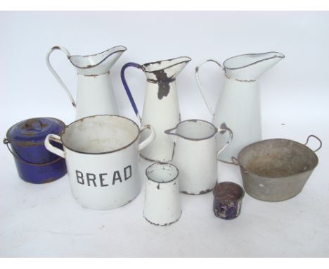 A collection of enamel ware to include ewers etc. 