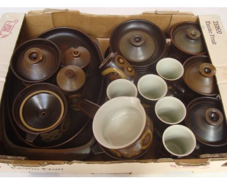 Denby Arabesque pattern to include six coffee cups and six saucers, six soup bowls and covers, oval serving platter, serving 