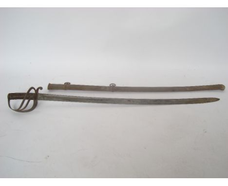 An 1853 Pattern Cavalry Sword, plain slightly curved blade, 35 1/2", in steel scabbard with two hanging rings, grip a/f. 
