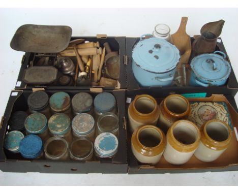 Kitchenalia to include a set of weighing scales with cast iron weights, blue enamel flour bins, stoneware and glass storage j