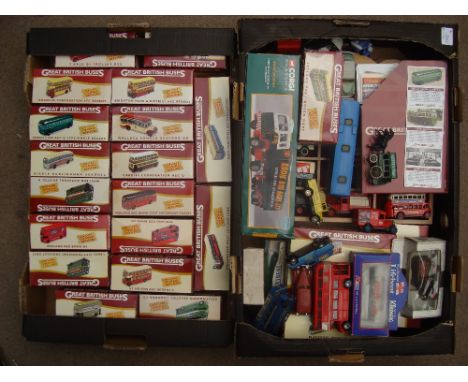 A collection of Diecast Great British Buses, boxed, Lledo Vans, Corgi Classics Eddie Stobbart Ford Transcontinental tilt trai