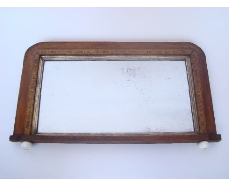A Victorian parquetry banded walnut overmantle mirror, on ceramic compressed bun feet. 