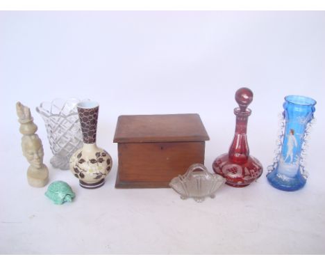 A mixed lot to include a mid 19th Century Bohemian ruby overlay and engraved decanter and stopper, a Mary Gregory style blue 