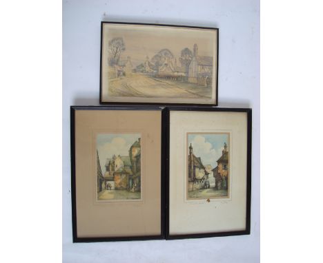 A 20th Century colour lithograph, a village street, poss signed Ronald. L. Coleman 23/75 together with a pair of George Downi