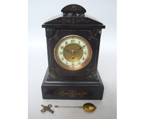 A Victorian black slate and marble mantel clock, gilt brass cylinder movement, with pendulum and key, 31.5cm. 