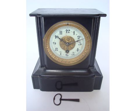 A Victorian black slate mantle clock, with 8 day brass cylinder movement, numbered 1007 41 with key. 