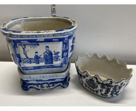 A antique Chinese porcelain planter on stand and one other antique planter, shipping unavailable