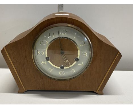 A vintage wooden cased mantle clock with pendulum and key (untested), shipping unavailable