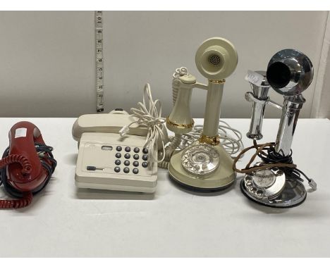 A selection of vintage telephones including heavy GEC chrome plated candlestick telephone (untested), shipping unavailable