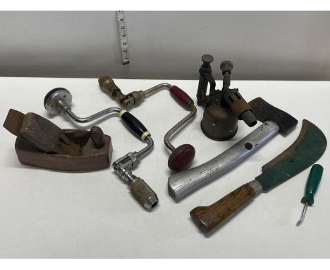 A box of assorted vintage tools, shipping unavailable
