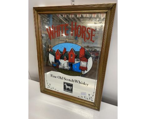 A framed White Horse Whiskey advertising mirror 64x48, shipping unavailable