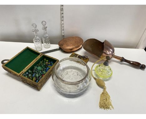 A job lot of assorted collectibles including a box of vintage marbles and a Edwardian atomiser, shipping unavailable