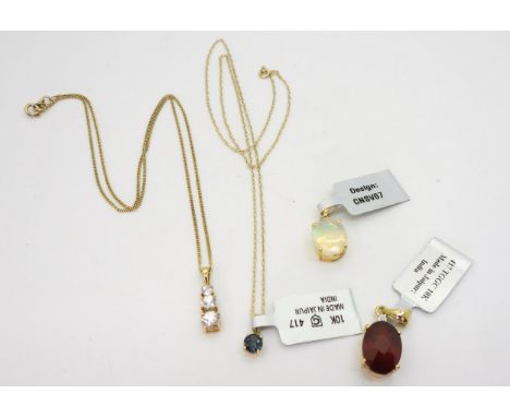Four 9ct gold Gems TV pendants and two chains, to include an Ethiopian opal pendant, garnet and diamond, blue topaz, and whit