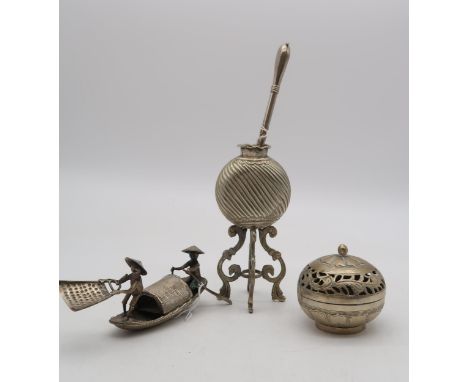 An Argentinian silver bombilla and yerba mate, both stamped 800, the bombilla with gilt decoration, a Japanese white metal ce