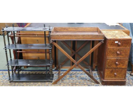 A lot comprising 19th century walnut veneered chest, 19th century ebonised four tier wall shelf, towel rail and a butlers tra