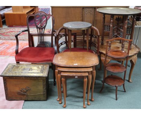 A lot comprising Edwardian mahogany armchair, another mahogany tub chair, Moorish style folding brass topped table, another b