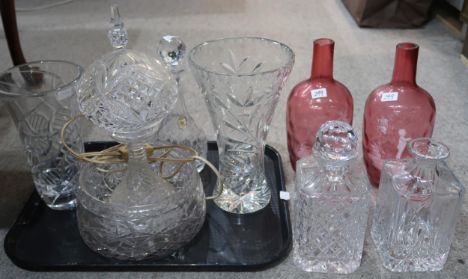 A pair of Mary Gregory cranberry bottle vases, a cut crystal table lamp and other cut glass and crystal Condition Report:No c