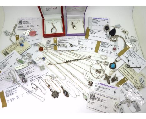 A collection of silver gem set Gems TV jewellery to include, opal and diamond pendants, Star ruby, kyanite and white topaz, A