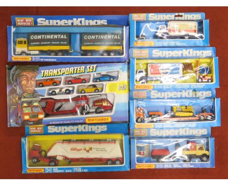 Boxed Matchbox Super Kings model vehicles: K-40 Delivery Truck and Fork Lift, K-19 Security Truck, K-30 Unimog and Compressor