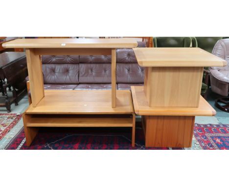 A lot comprising a contemporary teak console table, 70cm high x 135cm wide x 45cm deep, a pair of similar teak lamp tables, 5