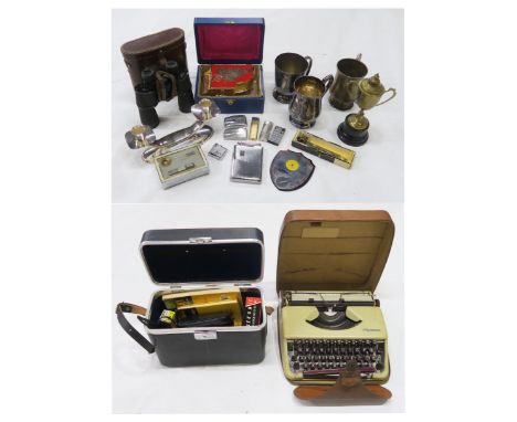 A mixed lot, comprising Olympia portable typewriter, Lieberman &amp; Gortz cased binoculars, presentation tankard and candles