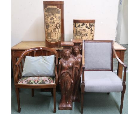 A lot comprising Victorian mahogany framed armchair, mahogany tub chair, contemporary glass top console table with figural ba