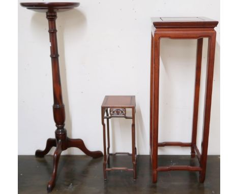 A lot comprising 20th century Oriental hardwood jardinière, 89cm high x 31cm wide x 31cm deep, small Oriental occasional tabl