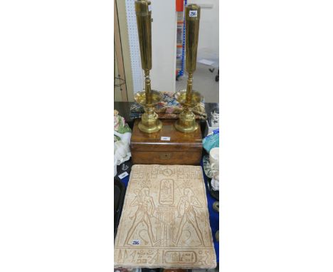 A tapestry wall hanging, a pair of brass incense holders, a wooden writing box and an Egyptian themed plaster panel Condition