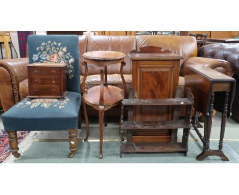 A mixed lot comprising Victorian tapestry upholstered chair, oval two tier occasional table, Sutherland table, single door be