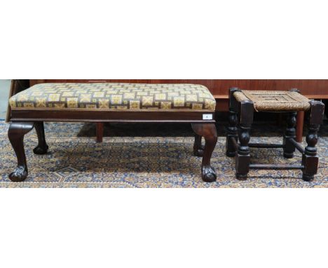 A lot comprising tapestry upholstered footstool on cabriole ball and claw supports, 37cm high x 87cm wide x 37cm deep and a s