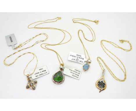 Four 9ct gold Gems TV pendants and chains, to include an opal and diamond , Ammolite and zircon, indicolite and zircon and ca