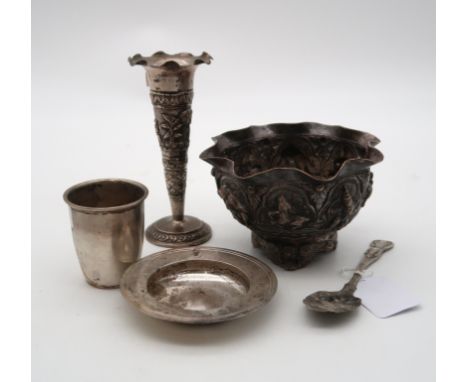 A collection of silver and white metal, including an armada dish, London, a continental stamped 800 tumbler cup, a Thai white