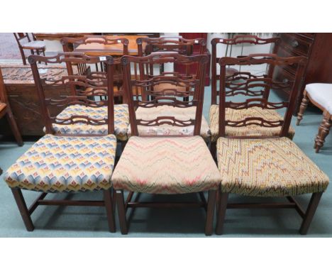 A set of six 19th century mahogany framed Hepplewhite style dining chairs with tapestry upholstered seats on square chamfered
