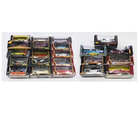 A large collection of packaged 1:18-scale diecast model vehicles, largely Burago (inc. Jaguar SS 100 (1937), Mercedes-Benz 50