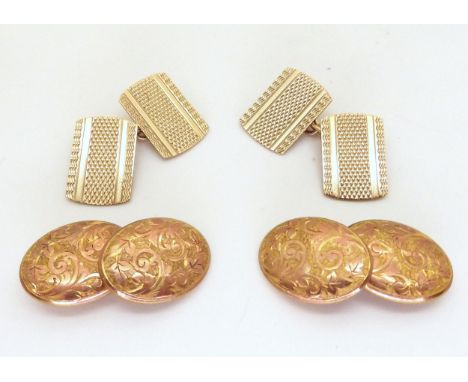Two pairs of cufflinks, an oval pair with all over foliate engraving, bearing Birmingham hallmarks for 1894, together with a 