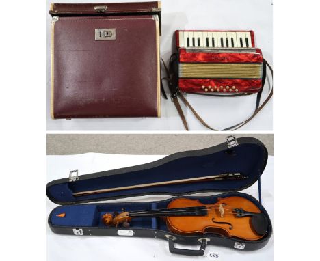 HOHNER MIGNON II 12 Bass 25 key Piano Accordion in red together with a two piece back 35.5cm Stentor Conservatoire violin wit