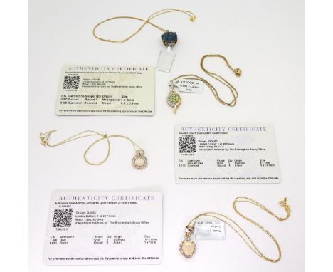 Four 9ct gold Gems TV pendants and chains, to include two opal pendants one with diamond, demantoid garnet and diamond, blue 