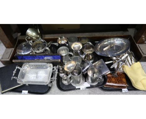 A collection of EPNS and pewter including mother of pearl cutlery, tankards, casters,&nbsp; wine bottle coasters, goblets, an