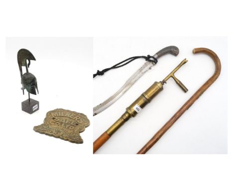 A Victorian gas lamp lighting torch measuring approx. 82cm in length, a horn-handled Eastern scimitar-type sword, alpine souv
