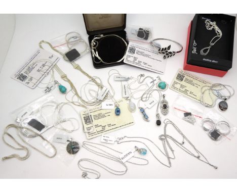A collection of silver gem set Gems TV jewellery to include, opal pendants, a black spinel leaf shaped bangle, turquoise pend