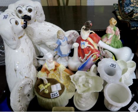 Three Royal Doulton figures, two Royal Worcester fish groups and white glazed pieces etc Condition Report:No condition report