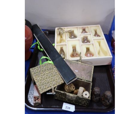 A cased set of soapstone seals, collection of roman style glass vessels, carved stone cylindrical seals, a Chinese painted fo