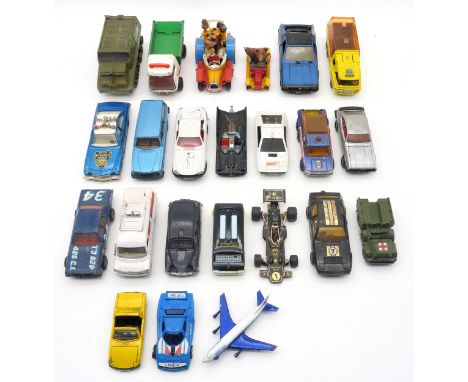 A collection of playworn model vehicles, to include Corgi Comics Basil Brush's Car and Popeye Paddle-wagon, James Bond Lotus 