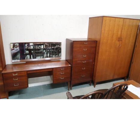 A mid 20th century teak Lebus three piece bedroom suite comprising mirror back dressing table, 118cm high x 140cm wide x 51cm