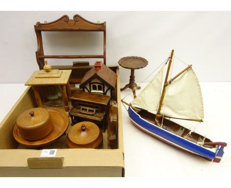 Two turned wood lidded trinket boxes, painted model of a sailing boat, miniature mahogany tripod table, 'The Old Mill' oak be