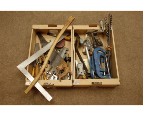 Collection of various woodworking chisels, small and large G-clamps, and other tools in two box