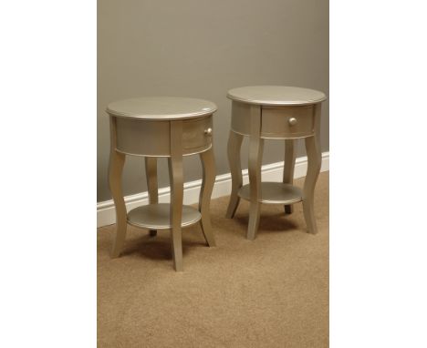 Pair circular silvered bedside/lamp tables with drawer and undertier, D47cm, H65cm