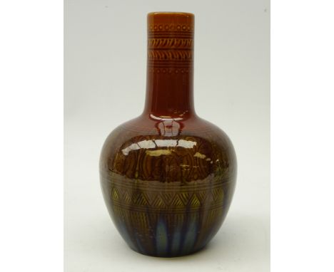 Late Victorian Christopher Dresser for Linthorpe pottery, bottle vase with sgraffito decoration, no. 200, impressed with Henr