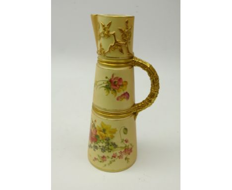 Royal Worcester blush ivory jug of tapering form, with hand painted floral decoration, H22cm 